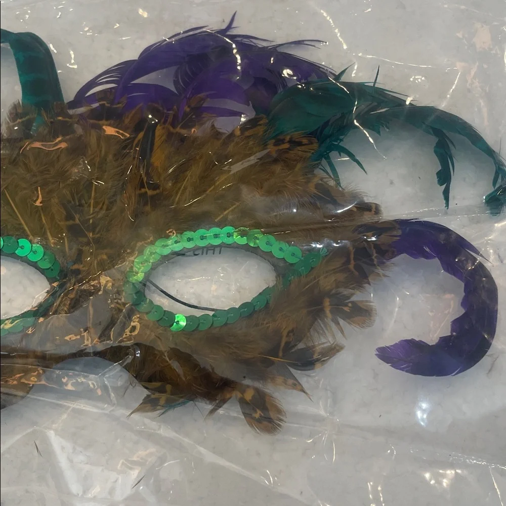 Feathered Masquerade Mask Green sequin Purple brown Halloween Mardi Gras cosplay